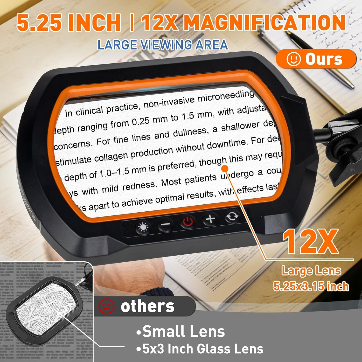 12X Square Magnifying Glass with Light and Clamp, Hands-Free Lighted Stand with