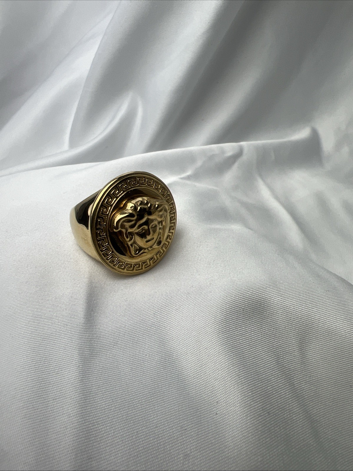 Gold Greek Key With Signet Medusa Head Ring -Stainless Steel-9