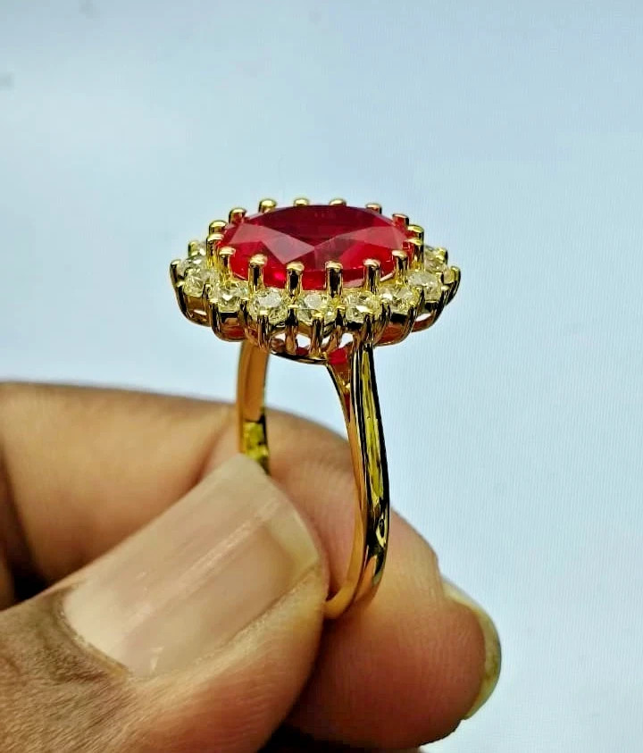 14K Yellow Gold Plated 3.20 Ct Oval Cut Lab Created Red Ruby Halo Wedding Ring