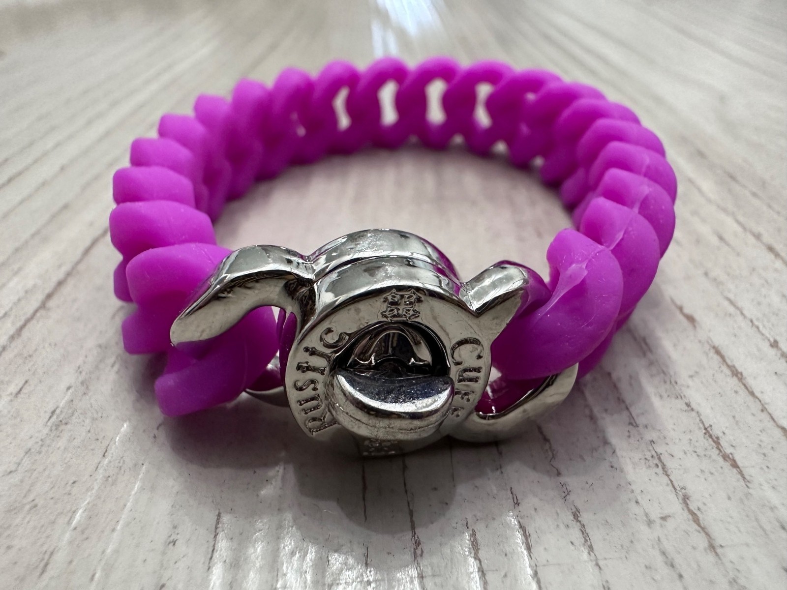 Rustic Cuff Purple Silicone Mock Chain Stretch Bracelet Silver Turn Lock