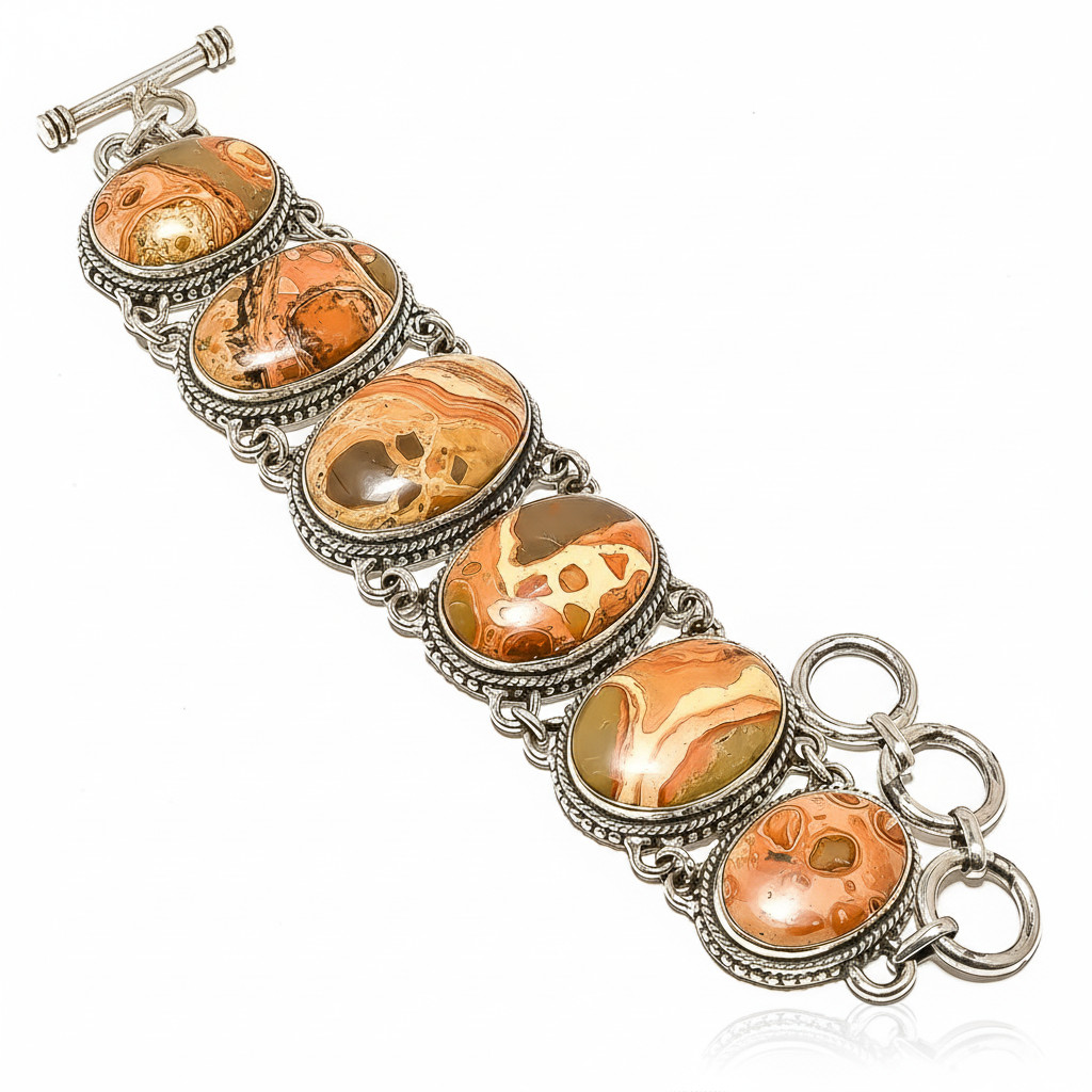 Nice Jasper Gemstone Chain Bracelet 925 Sterling Silver For Women