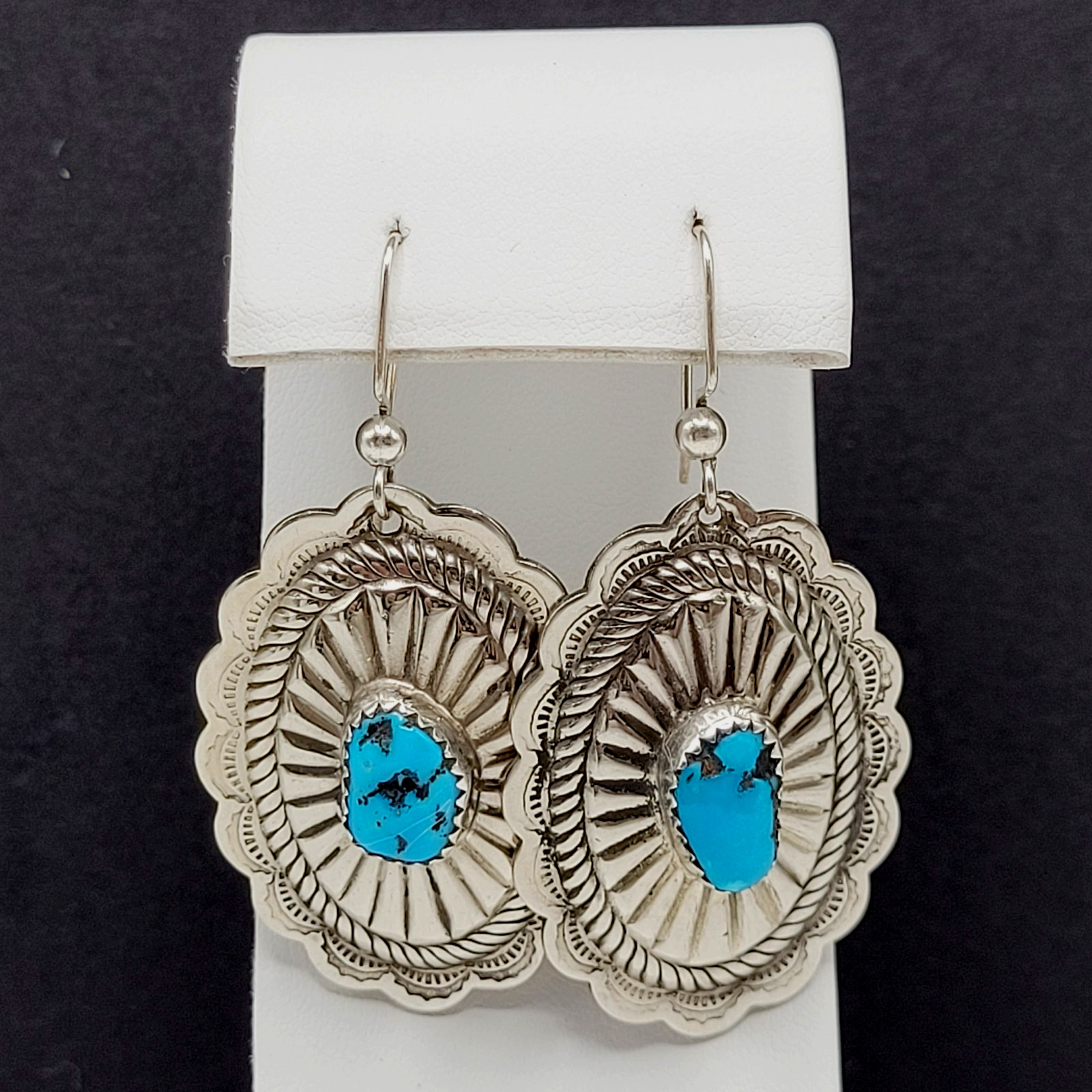 Southwestern Style Silver Tone Turquoise Concho Dangle Pierced Hook Earrings