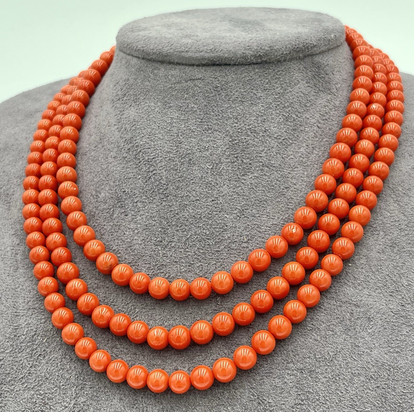 Natural Mediterranean Red Coral 3 Strand Necklace 7mm 18Kt Gold Made in Italy