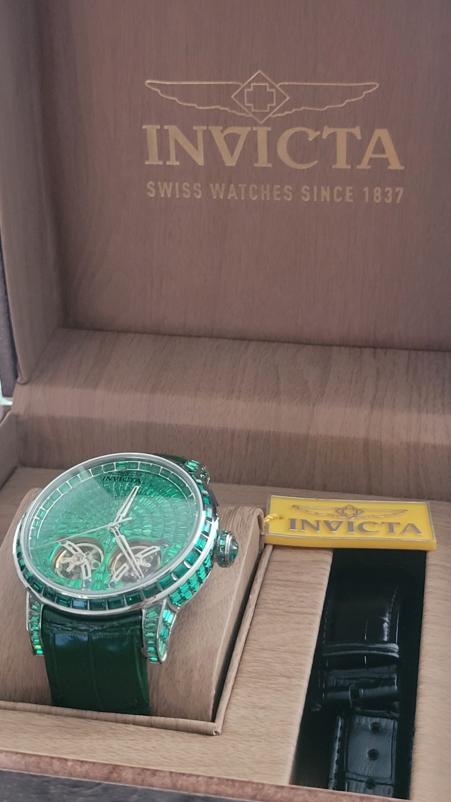 Invicta 69456 Men’s Automatic Skeleton Green Dial 45mm Leather 50m Box