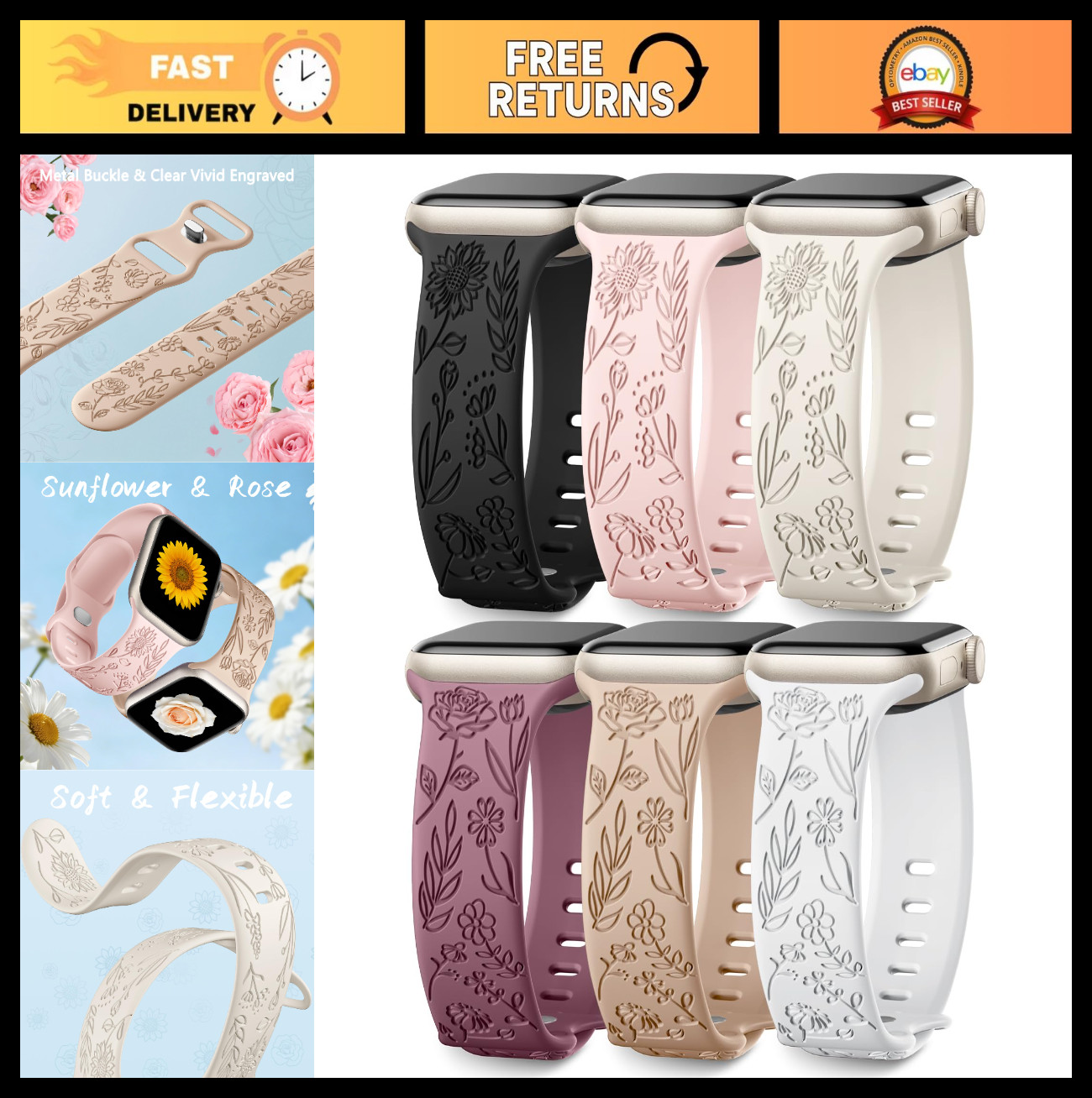 Floral Engraved Silicone Bands for Apple Watch 38mm-49mm, 6 Pack, Unisex Strap