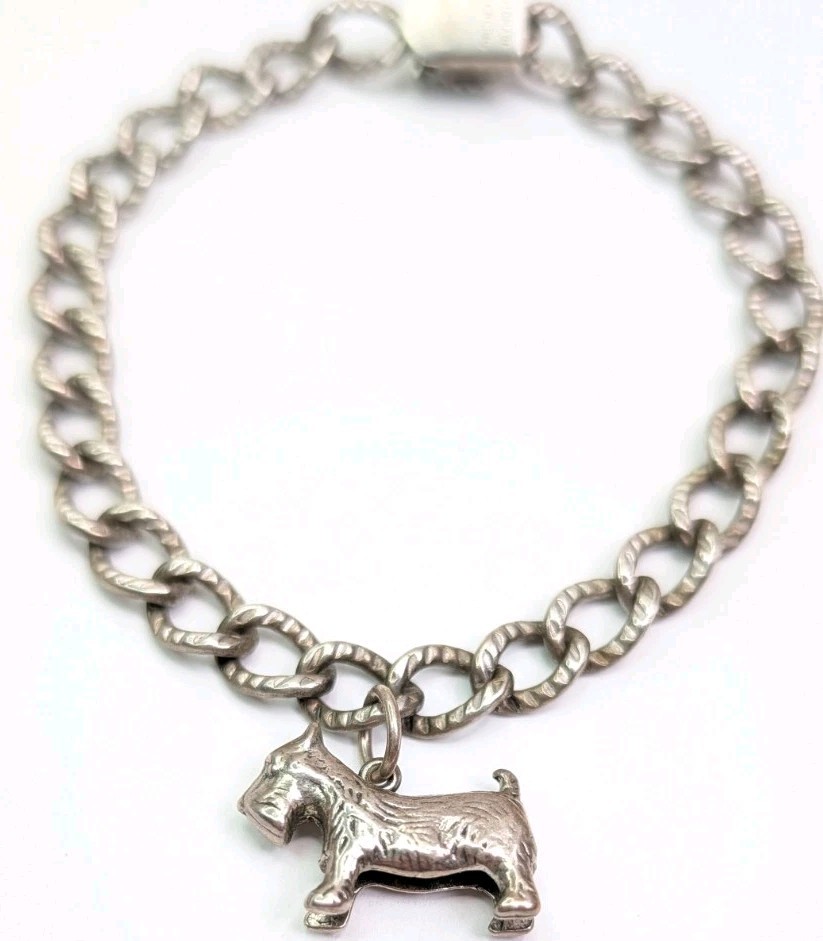 Automade Sterling Silver Charm Bracelet Push Lock Clasp 7-3/4 Inch Scottie Dog