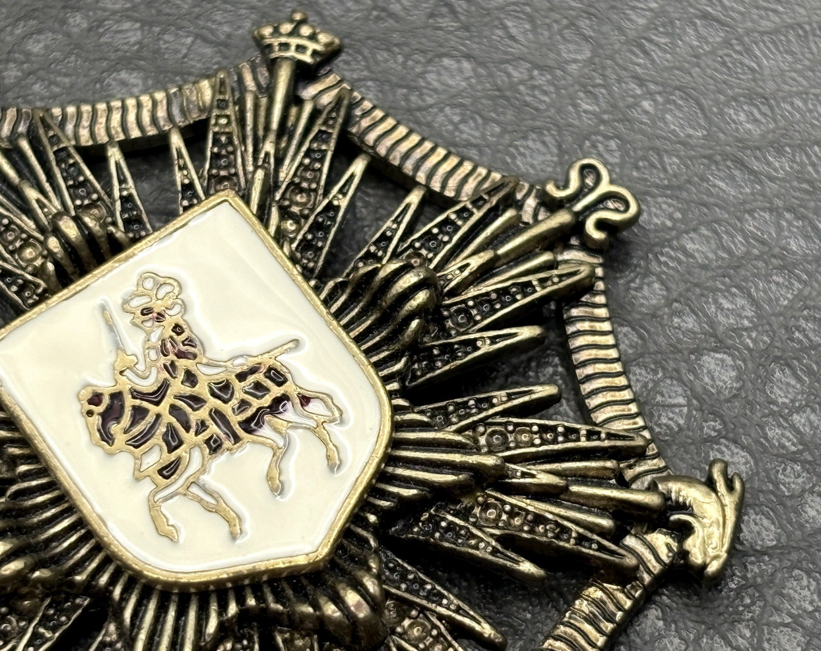 Vintage Large Heraldic Lion Knight Rampant Coat of Arms Pendant Brass Tone