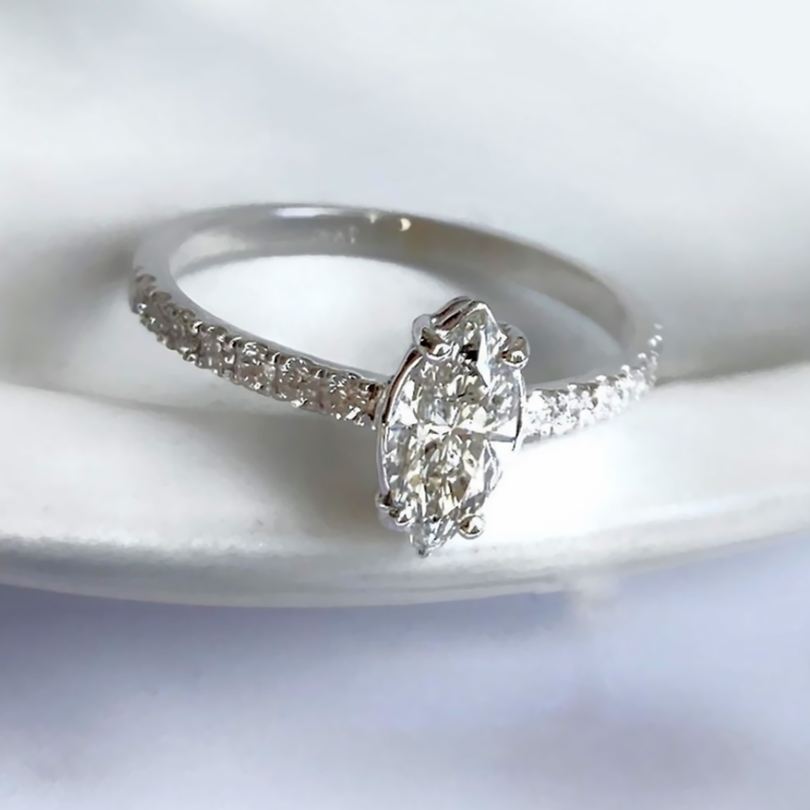 Diamond Ring Gold Lab Grown Designer Marquise Cut 18k White GLI E F 0.89 Carat