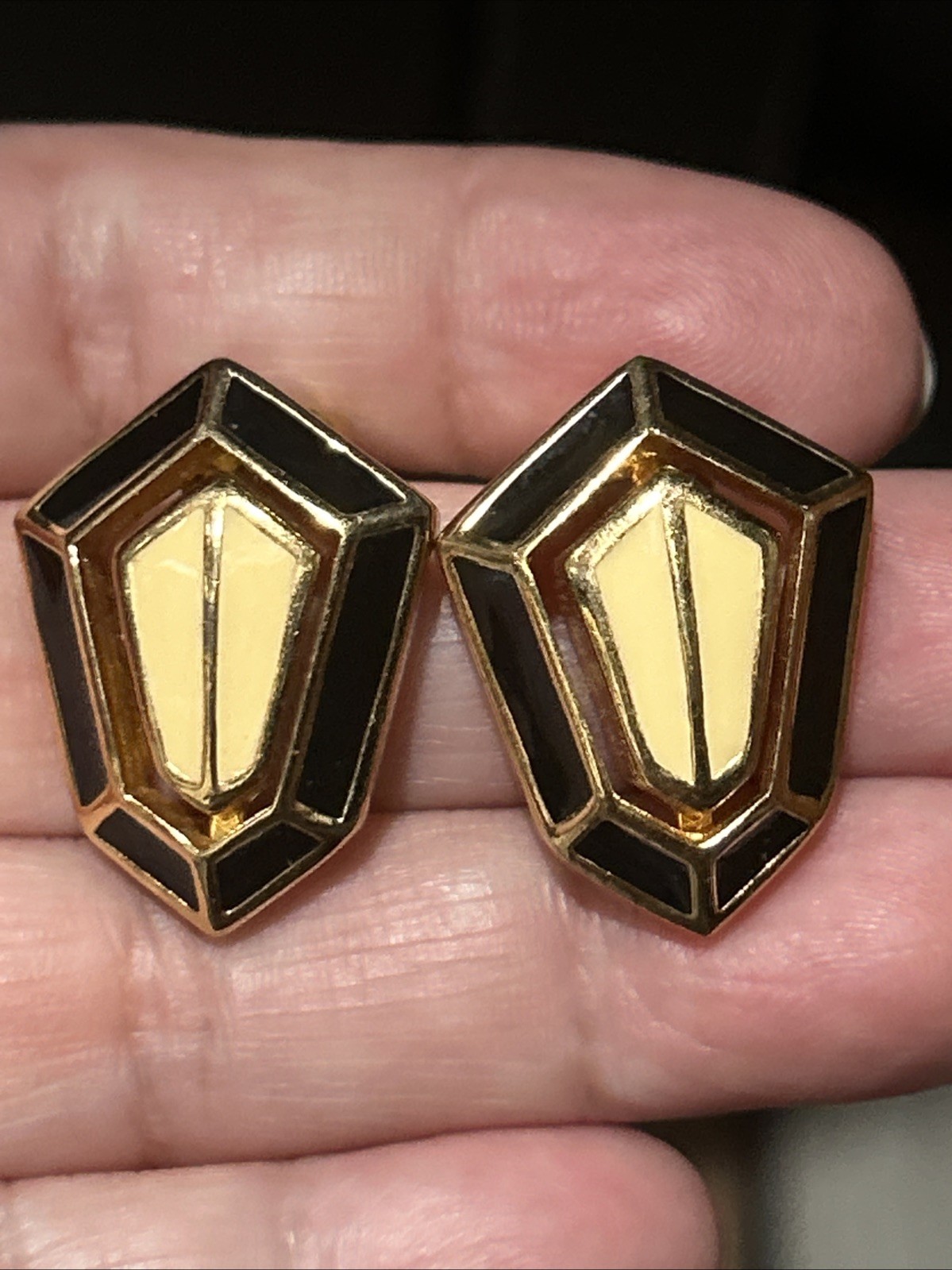 Vintage Signed Christian Dior Black Cream Enamel Open Work Clip Earrings Patent