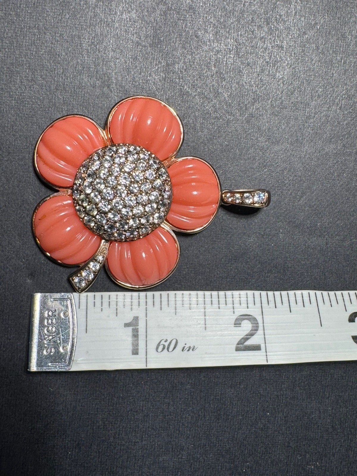 Vintage Ross Simons Sterling Silver Pink Resin Rhinestone 925 Flower Pendant