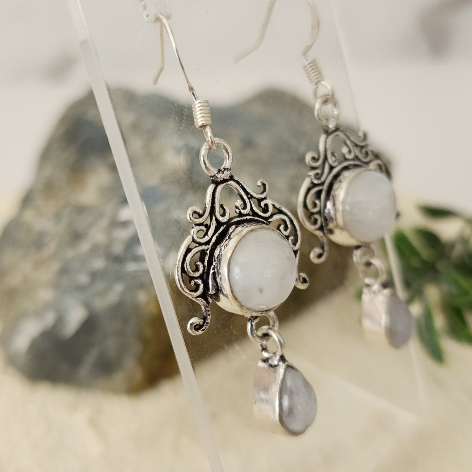 925 Overlay 12.2mm Rainbow Moonstone 2″ Drop Earrings