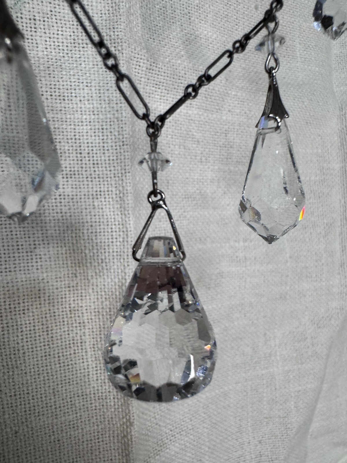 Lucy Isaacs NYC Sterling Silver Long Faceted Crystal Drop Statement Necklace 925