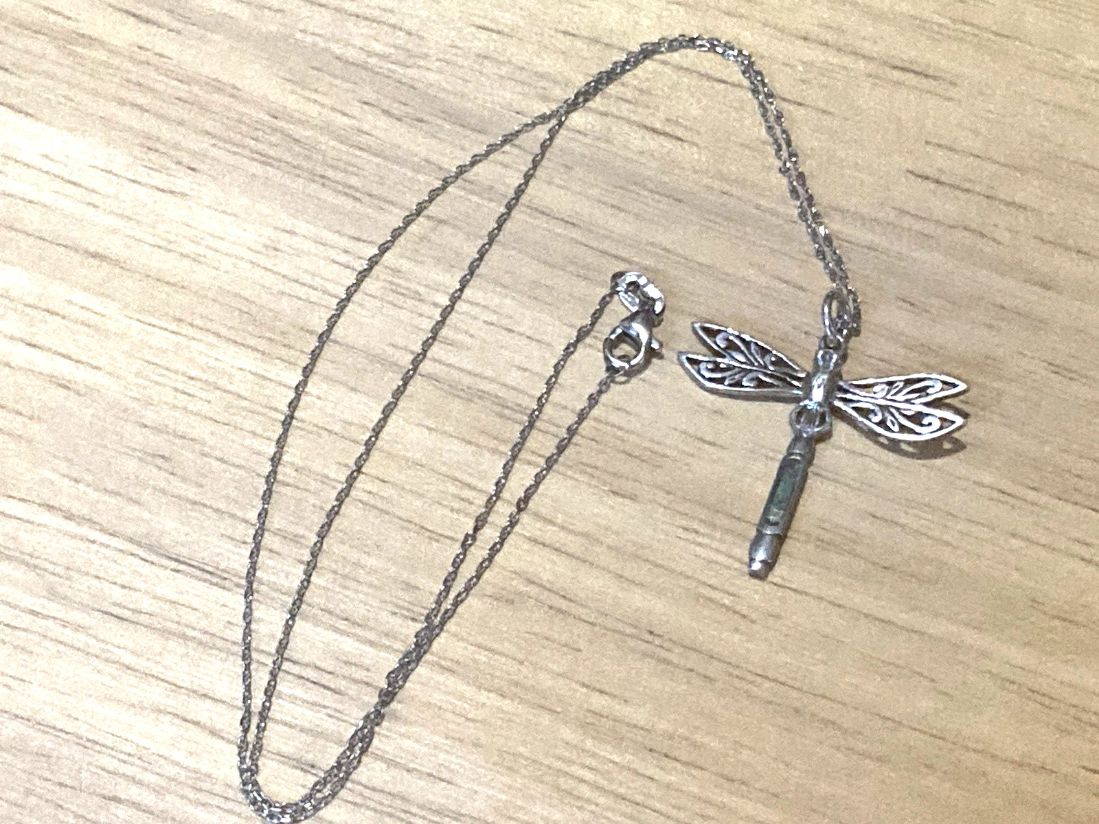 Vintage Peter Stone Pendant Necklace Sterling Silver Dragonfly Abalone Charm 925