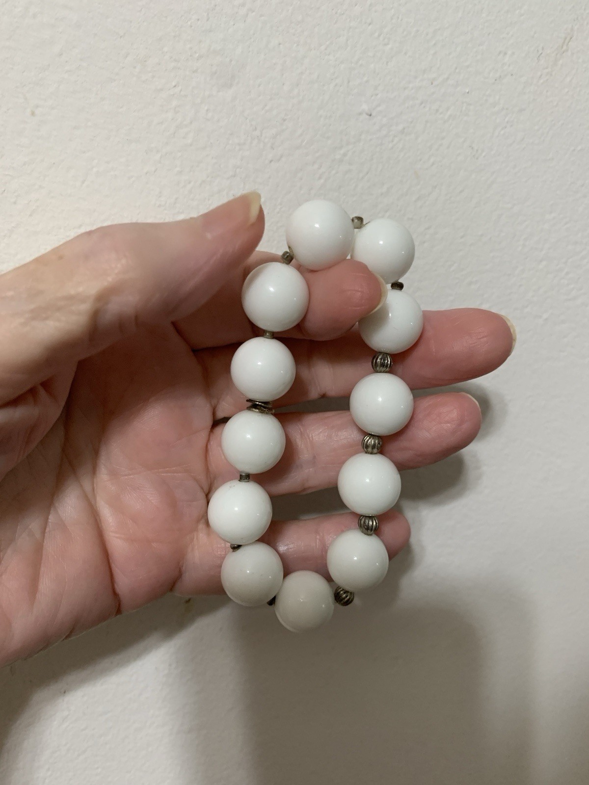Vintage Milk Glass Stretch Bracelet with A Smooth Glossy Texture ball Design 7”