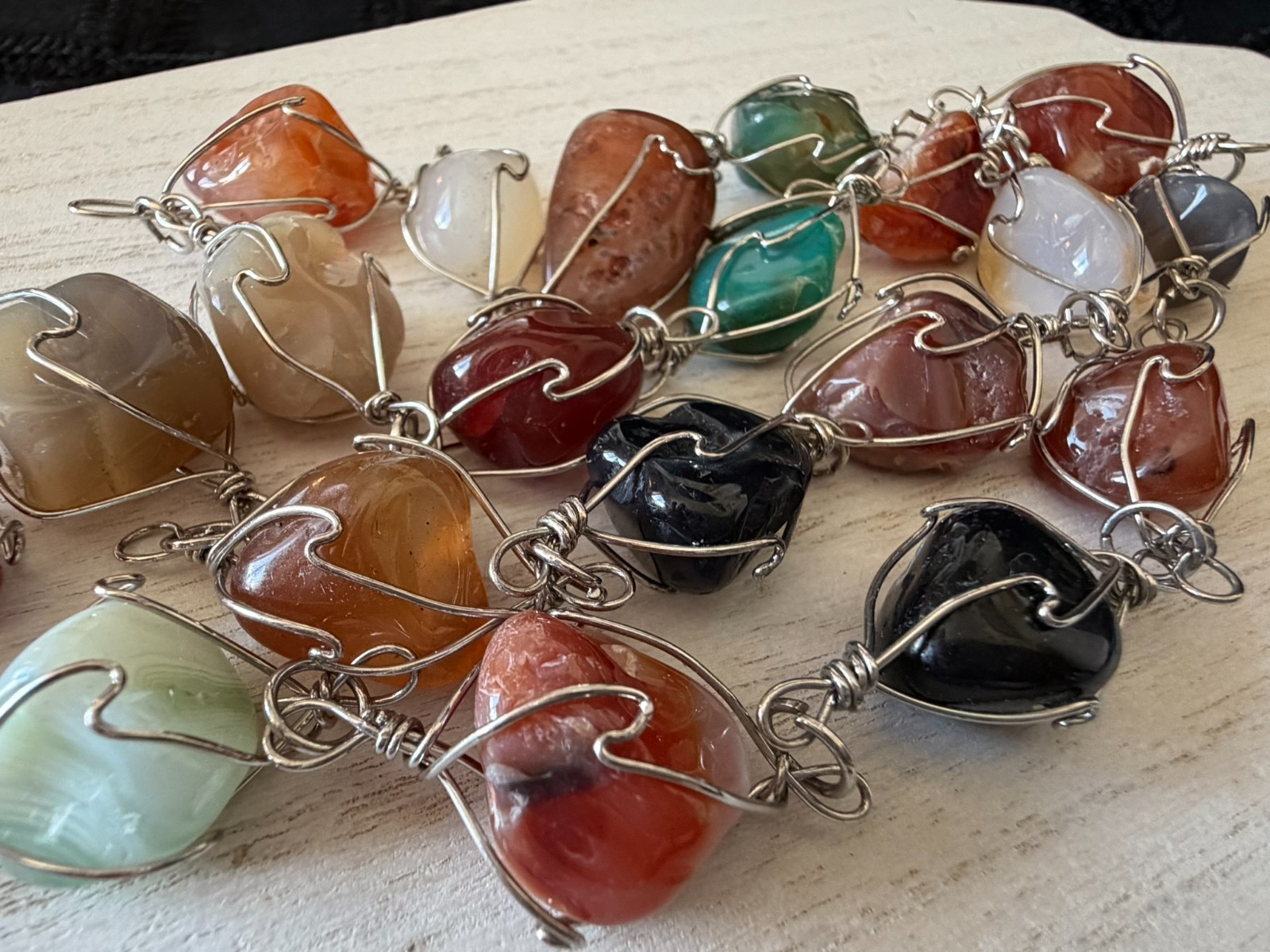 Artisan Wire Wrapped Natural Gemstone Necklace 34″ Endless Large Stone Statement