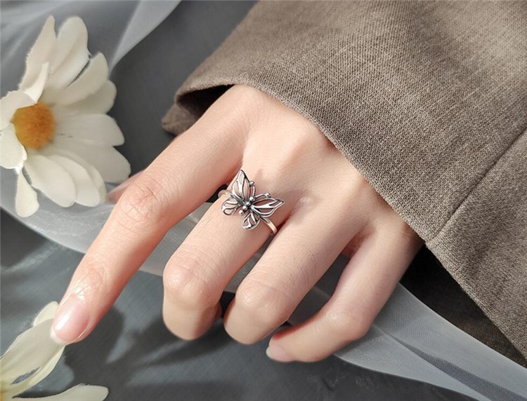 925 Sterling Silver Butterfly Bow Moon Star Zircon Adjustable Open Ring Women