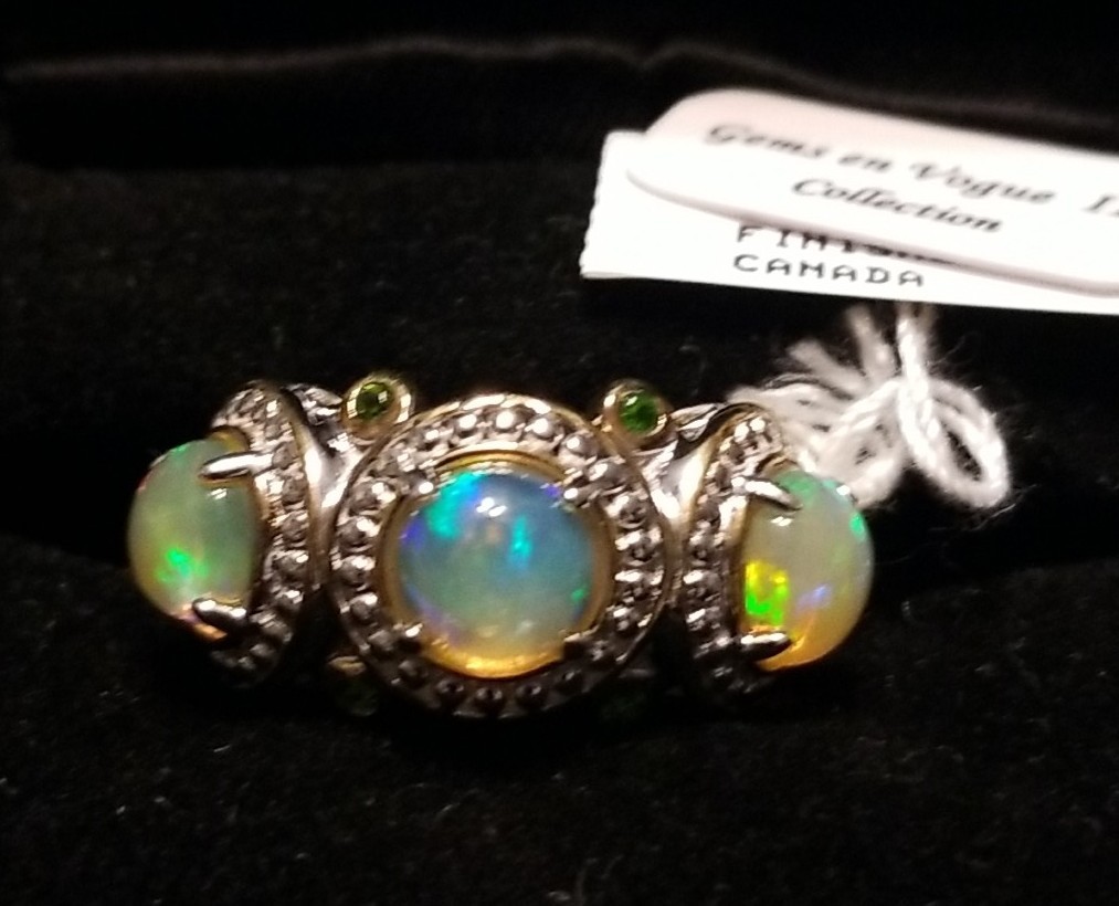 “NEW” Gems En Vogue Opal Ring, 3 Stone Ethiopian Opal Ring, Sterling 925 Size 5