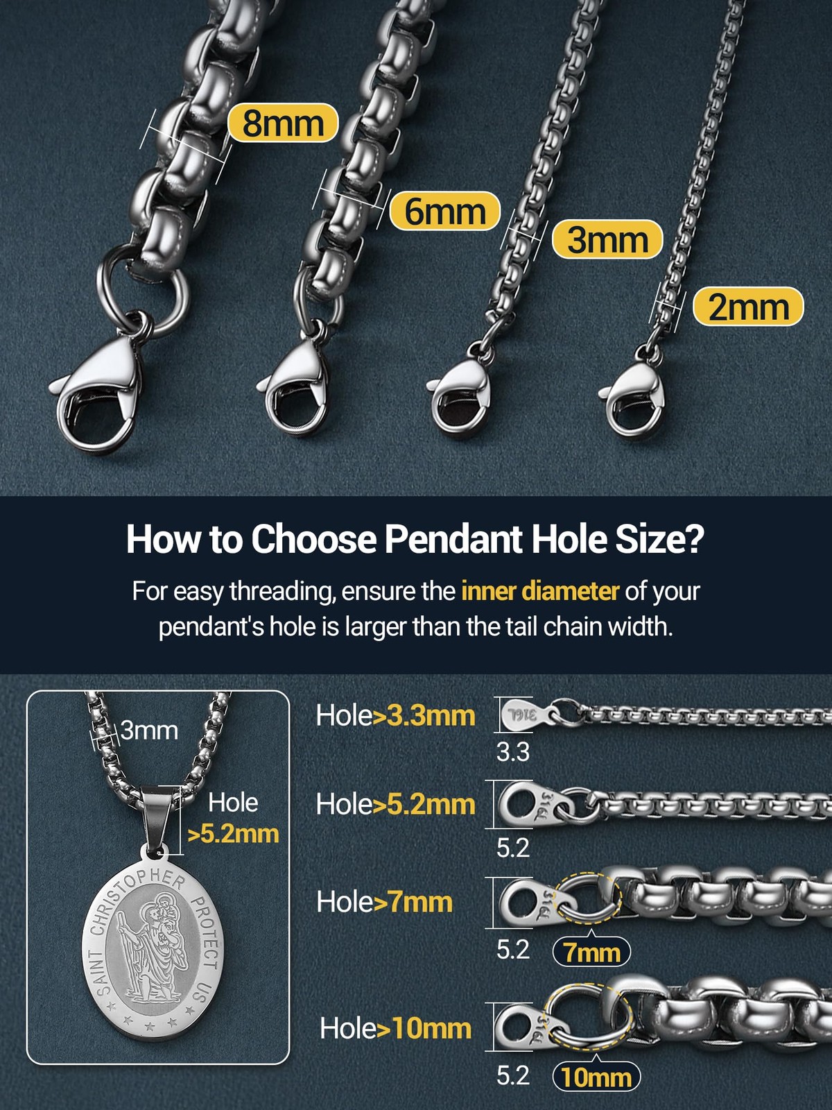 Mens Chain Necklace, Squre Rolo Link Chains Stainless Steel Necklace 2mm Wate…