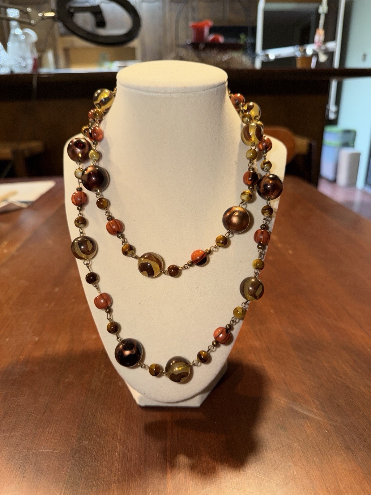 Vintage Long Brown, Orange & Amber Glass Bead Necklace Strand No Clasp.