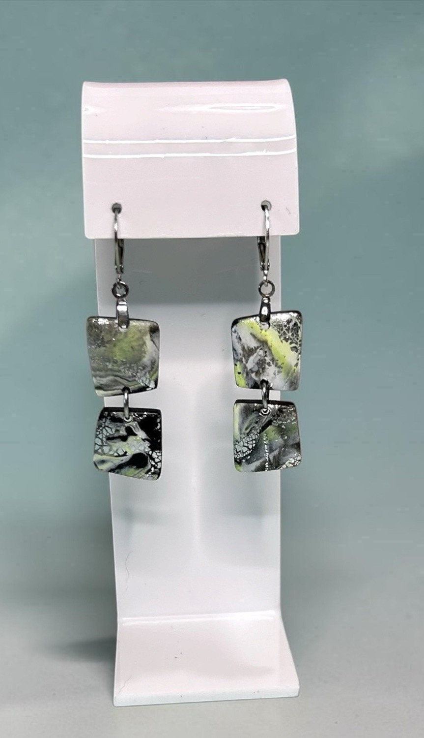 Green Black Silver Marbled Print Handmade Polymer Clay Dangle Earrings SS Wires