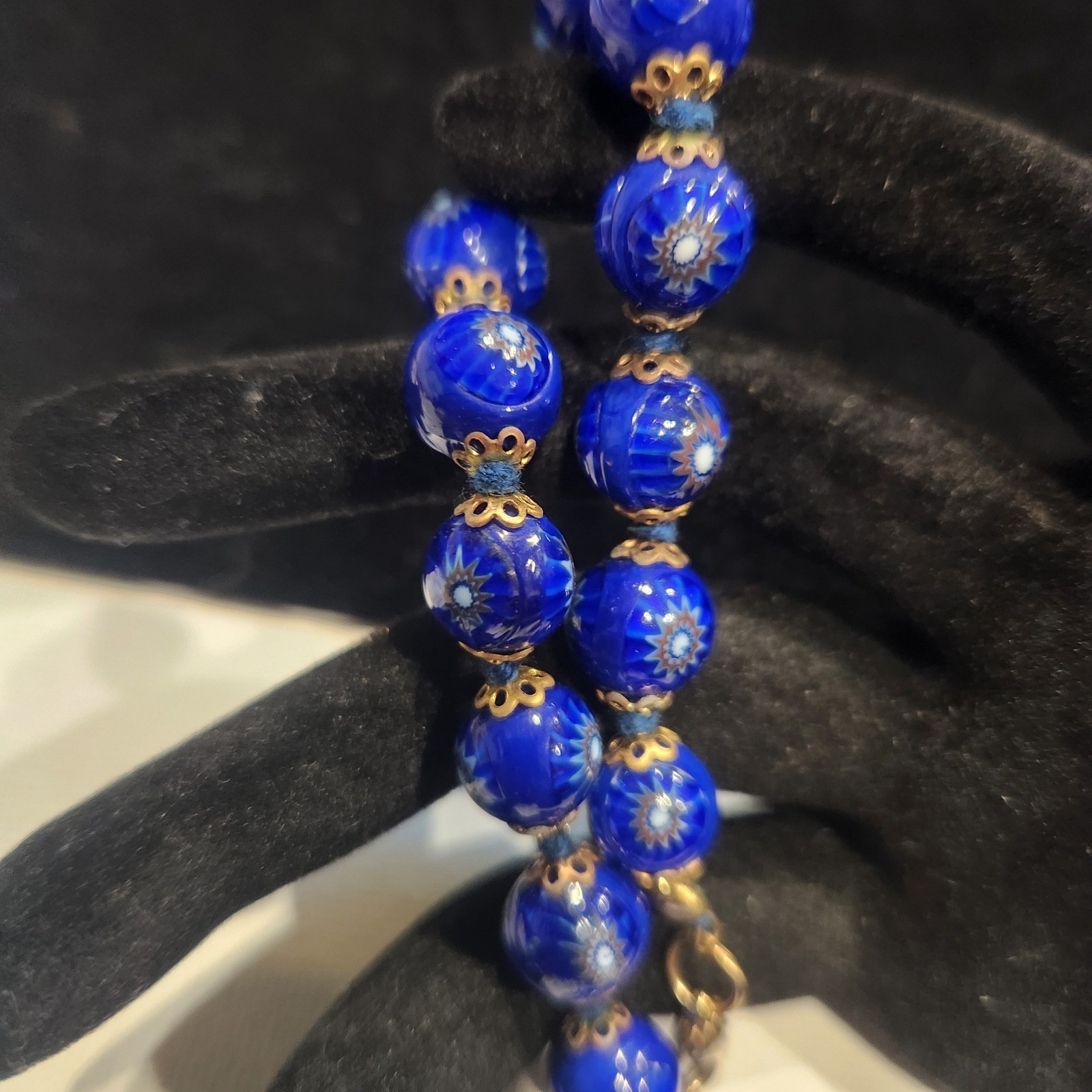 Vintage Venetian Millefiori Glass Bead Bracelet Cobalt Blue Gold Tone 7Inch