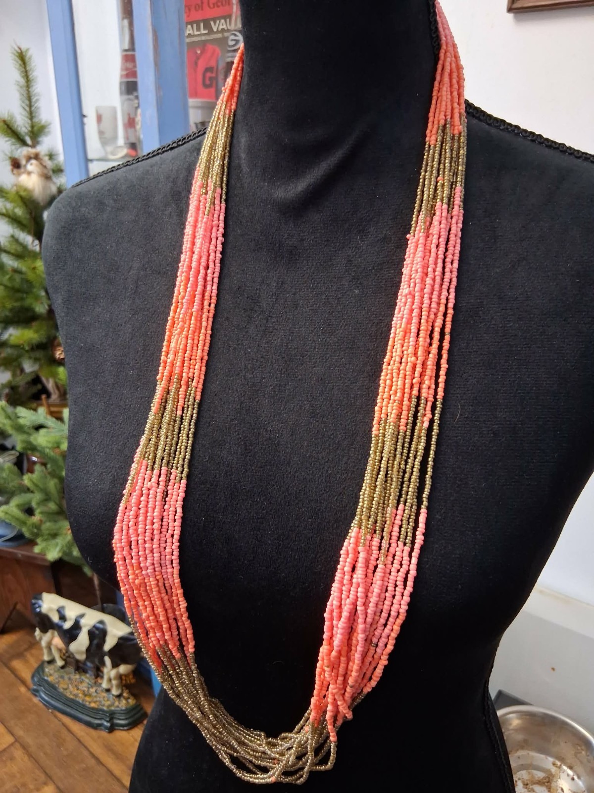 Multistrand Gold And Salmon Colored Bead Necklace 37in