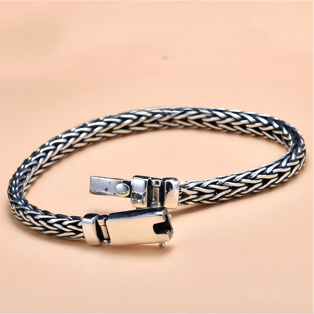 Real S925 Sterling Silver Bracelet Men 6mm Unique Wheat Link Chain 26-27g 7.9in