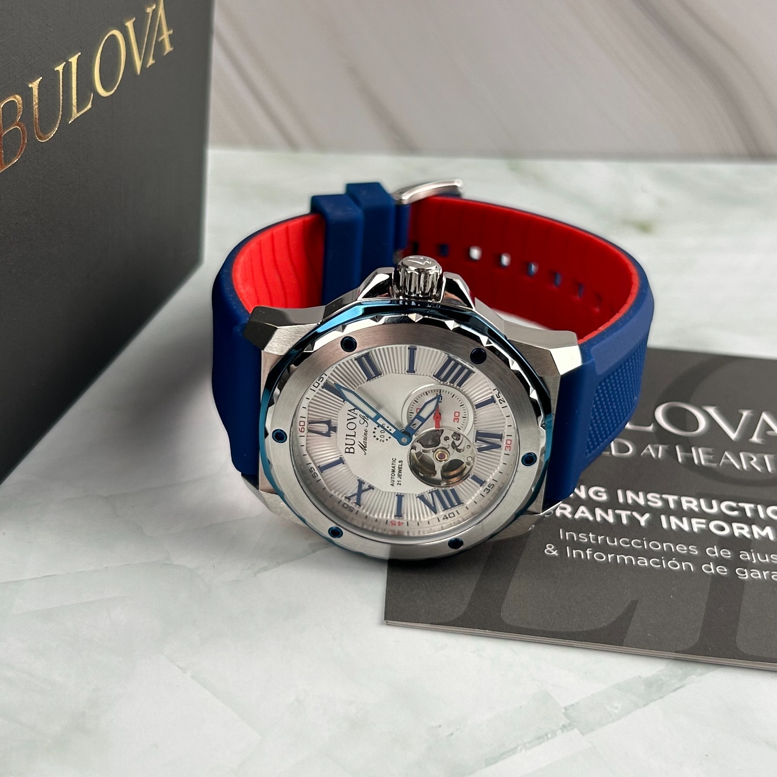 Bulova 98A225 Marine Star White Dial Silicon Blue Strap Men’s Automatic Watch