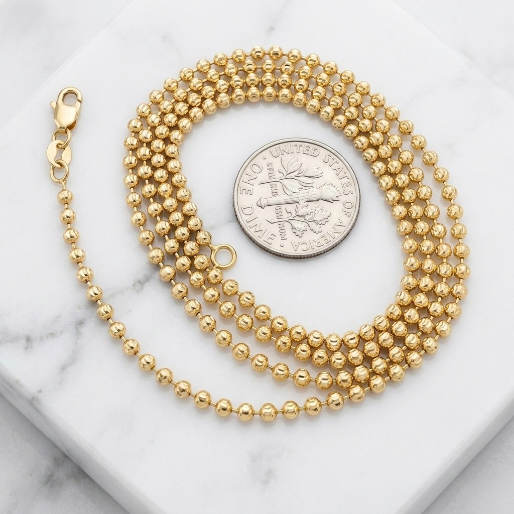 2.3mm Diamond Moon Cut Bead Ball Chain Necklace REAL Solid 10K Yellow Gold