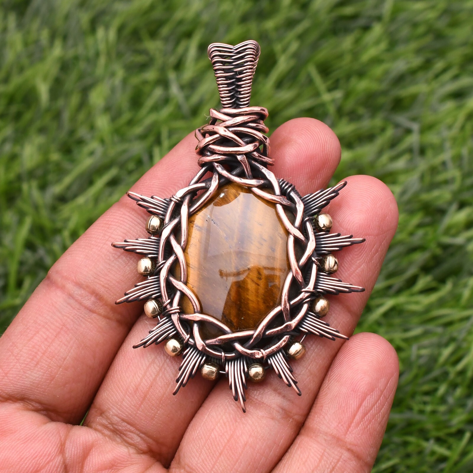 Tiger’s Eye Gemstone Copper Wire Wrap Handmade Jewelry Pendant 2.28″