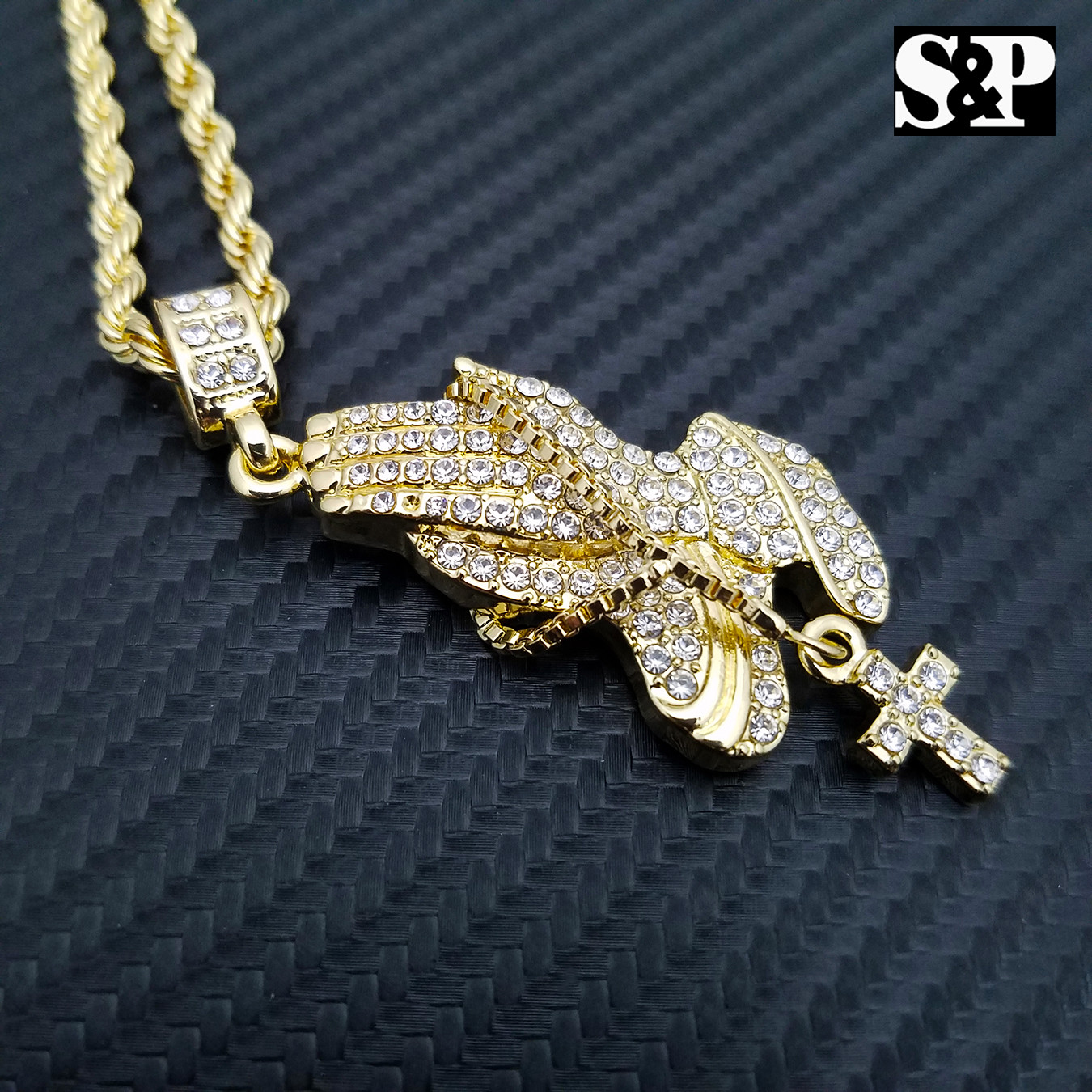 HIP HOP GOLD PLATED ICED PRAYER’S HANDS CZ PENDANT & 24″ ROPE CHAIN NECKLACE