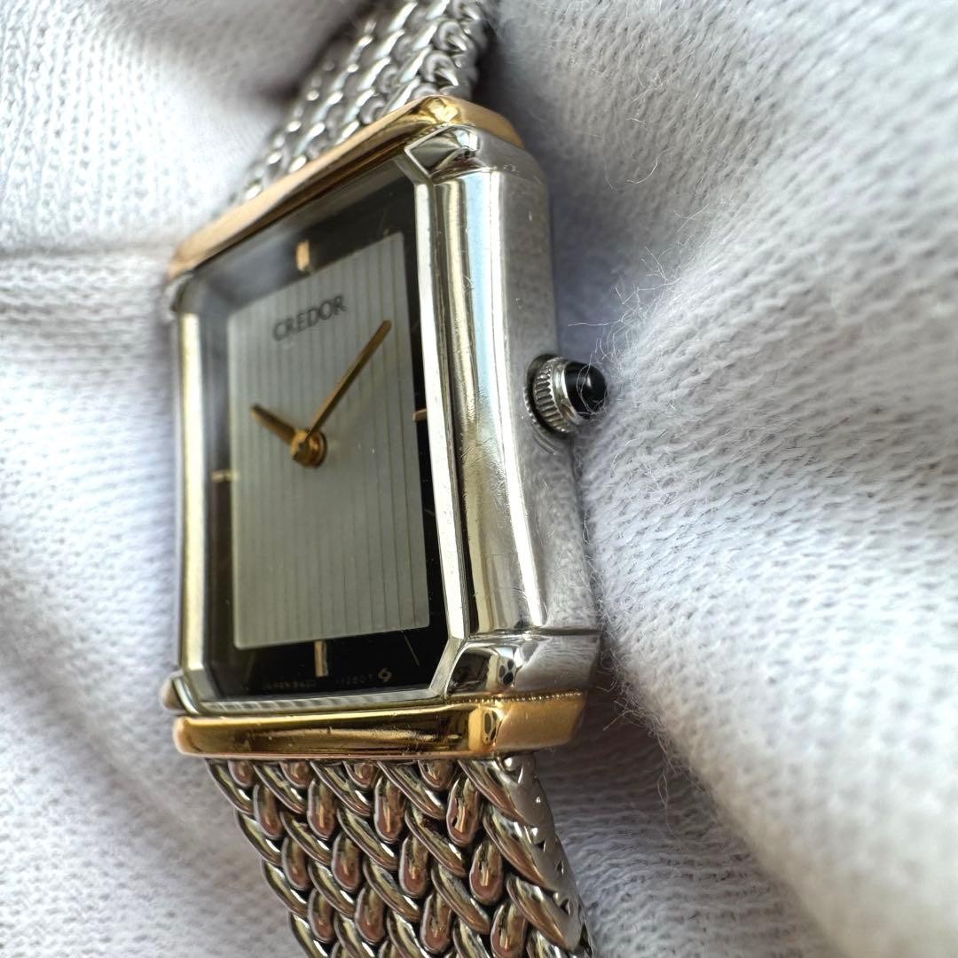 SEIKO Credor 8420-6690 Rectangular Shell Dial Silver 18K SS Used Authentic