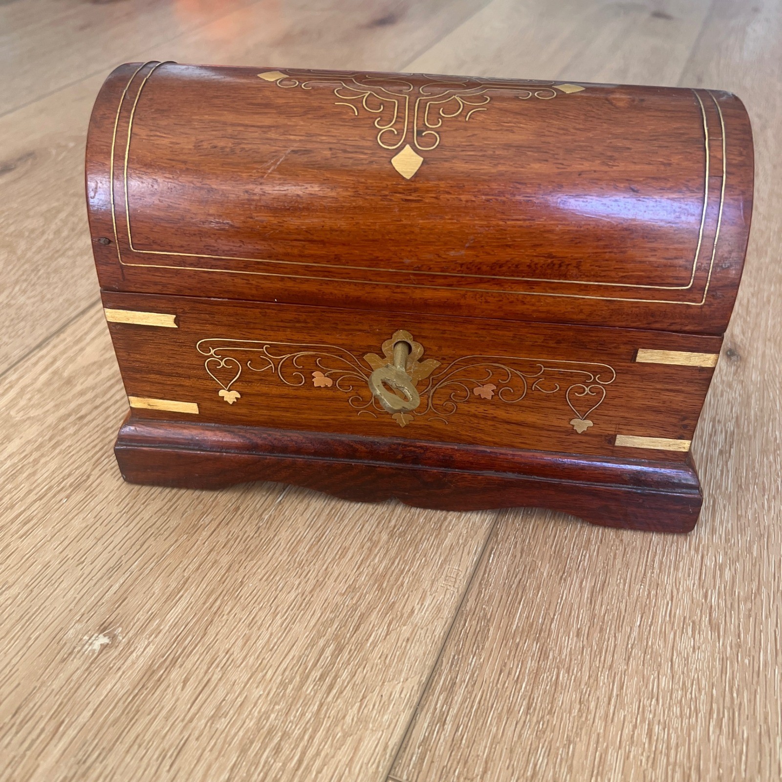 Vintage Wooden Jewelry Box Dome Top Brass Inlay Chest with Key Keepsake Box
