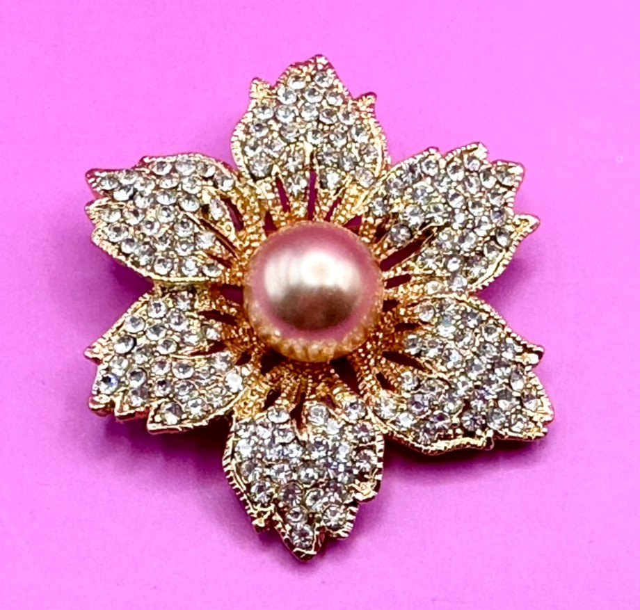 Gold Tone Rhinestones & Faux Pearl Flower Brooch Contemporary. 11