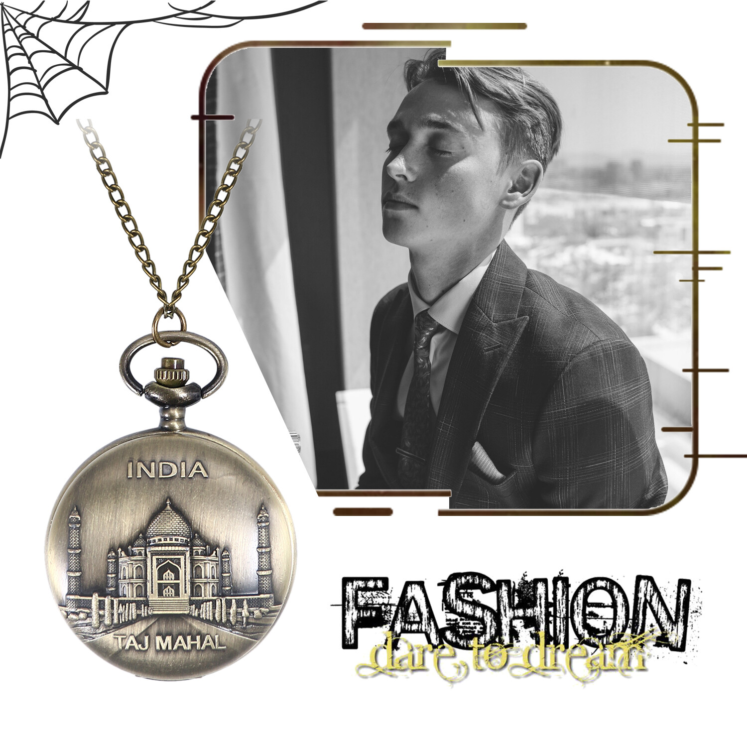 Retro Pocket Watch India Taj Mahal Case Quartz Pendant Chain Classic Watch Gift