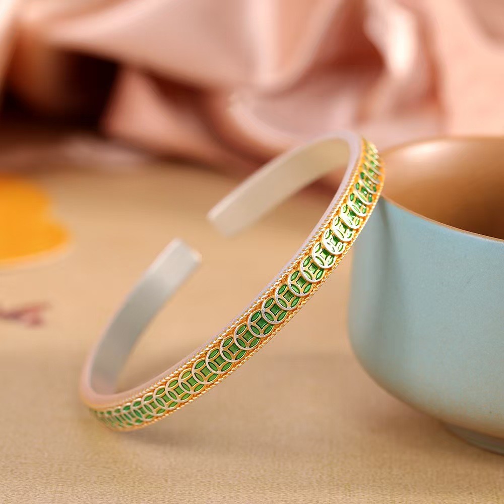 Real S999 Fine Silver Bracelet Men Women 6mm Enamel Money Coin Bangle 25-26g