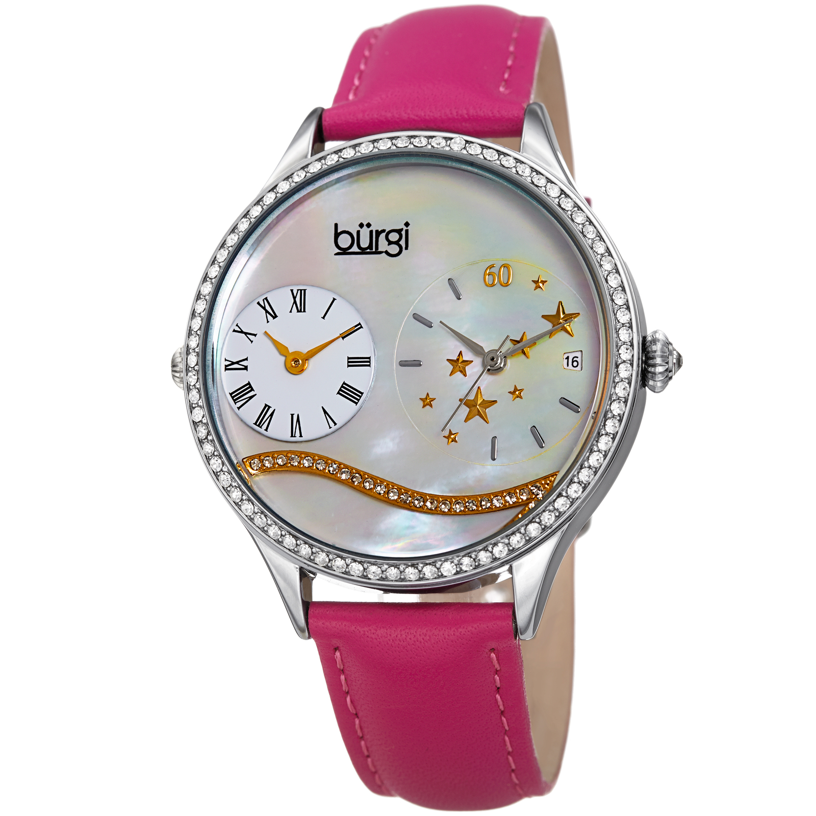 Women’s Burgi BUR184PK Crystal Two Time Mother of Pearl Pink Leather Strap Watch