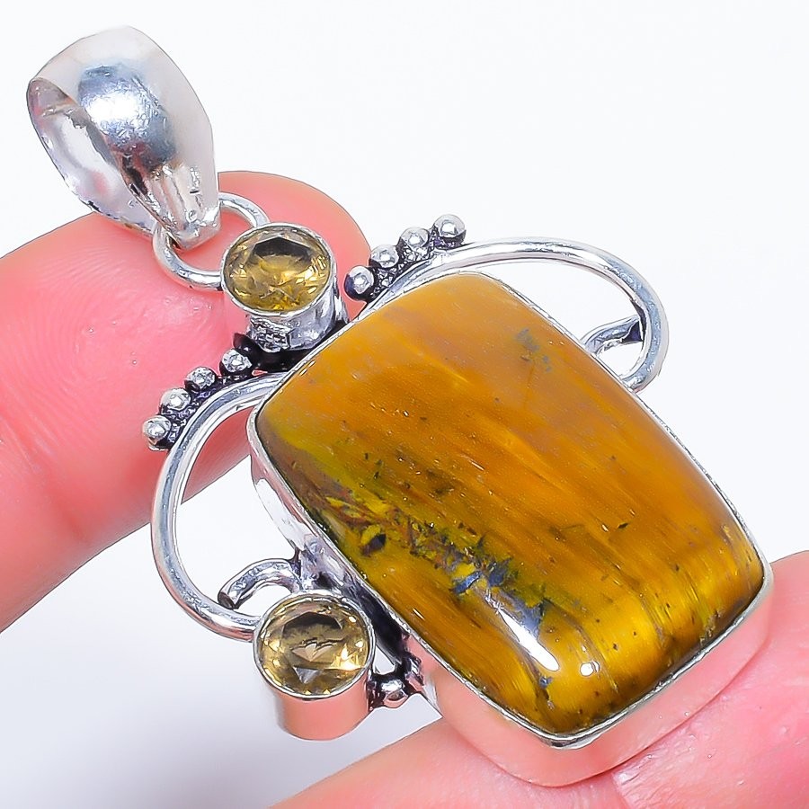 Natural Tiger’S Eye & Smokey Quartz Gemstone 925 Silver Plated Pendant 2.1″ F262