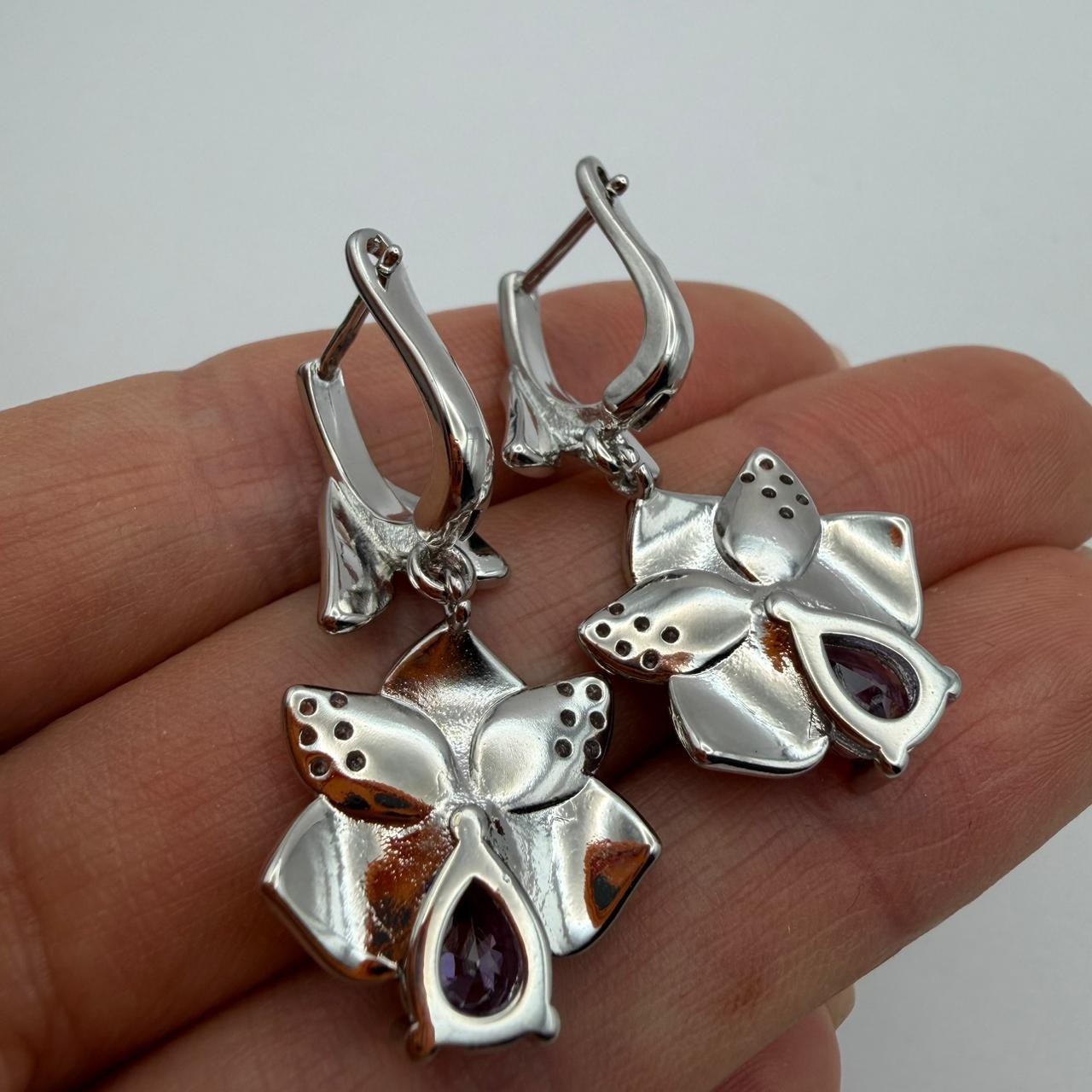 925 Sterling Silver Purple Flower Crystal Dangle Drop Earrings Women Jewelry