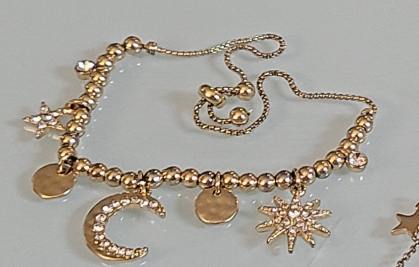 Vintage Unsigned Celestial Moon & Stars Necklace Silver Tone Baroque Pearl Resin