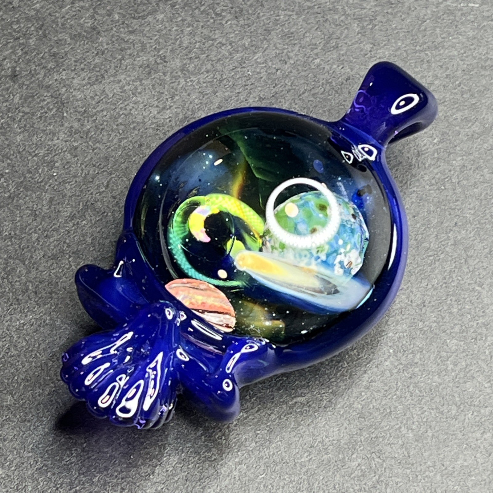 Handmade Art Glass Stealie Skull Pendant Outer Space, Moon Opal, Shooting Star