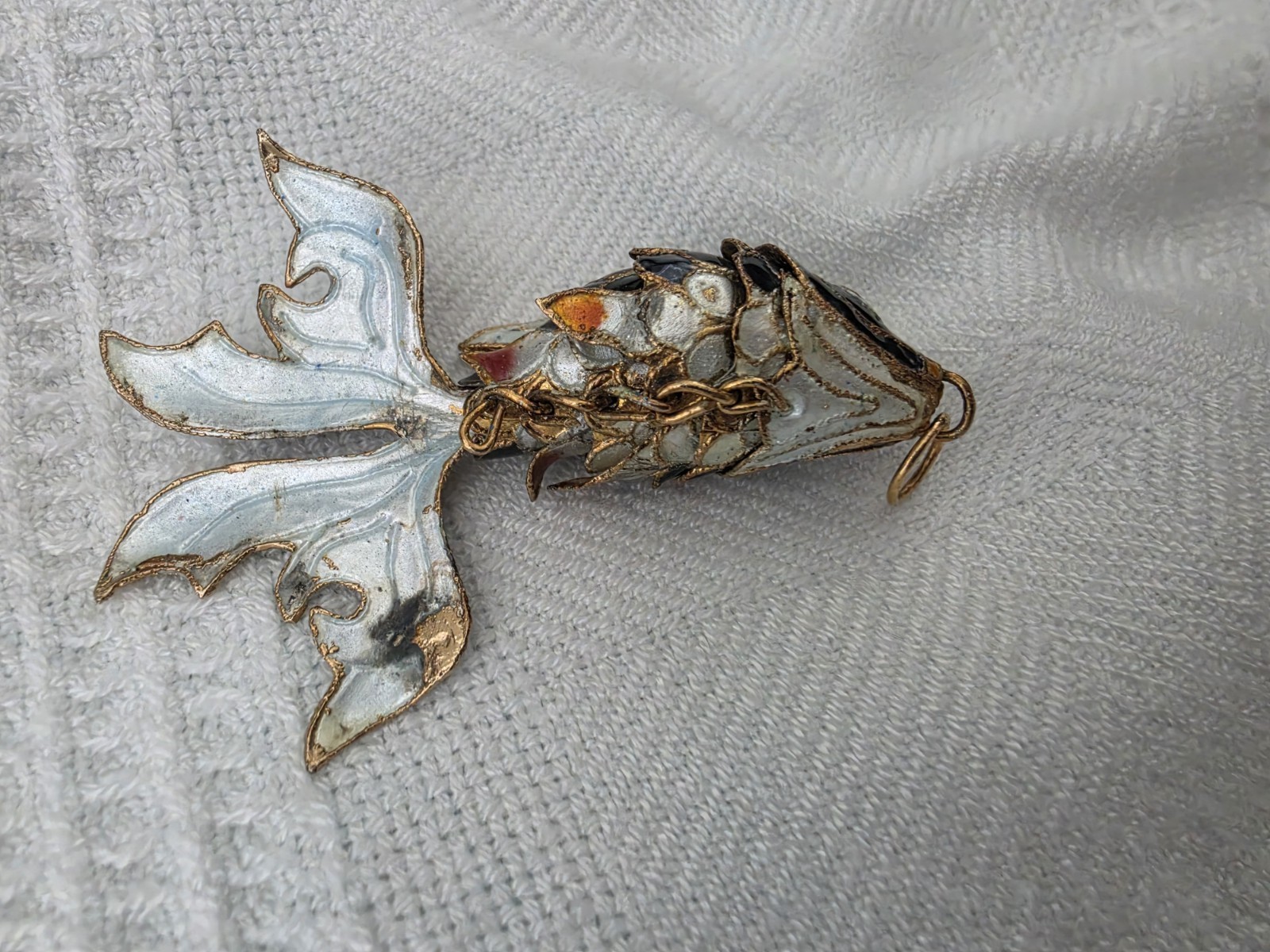 Vintage Articulated Blue Goldfish Beta Koi Fish Cloisonné Pendant- Good Cond.