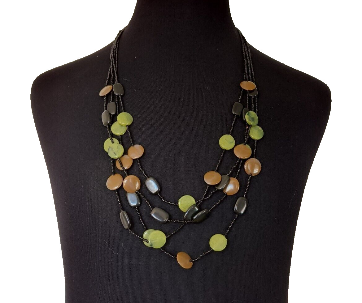 Women’s Necklace Beaded Multistrand Black Brown Green Black Discs Vintage