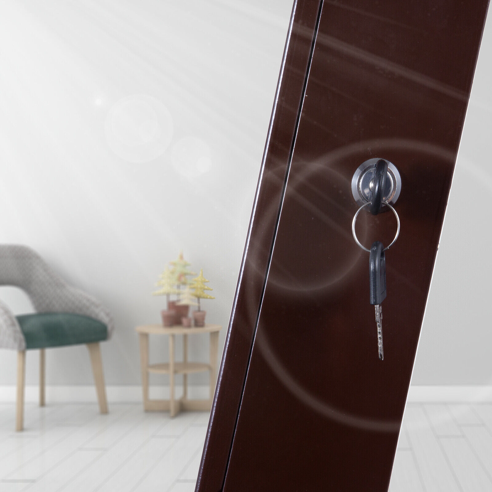 Standing Wooden Jewelry Cabinet Mirror Armoire Free Lockable Adjustable Angle