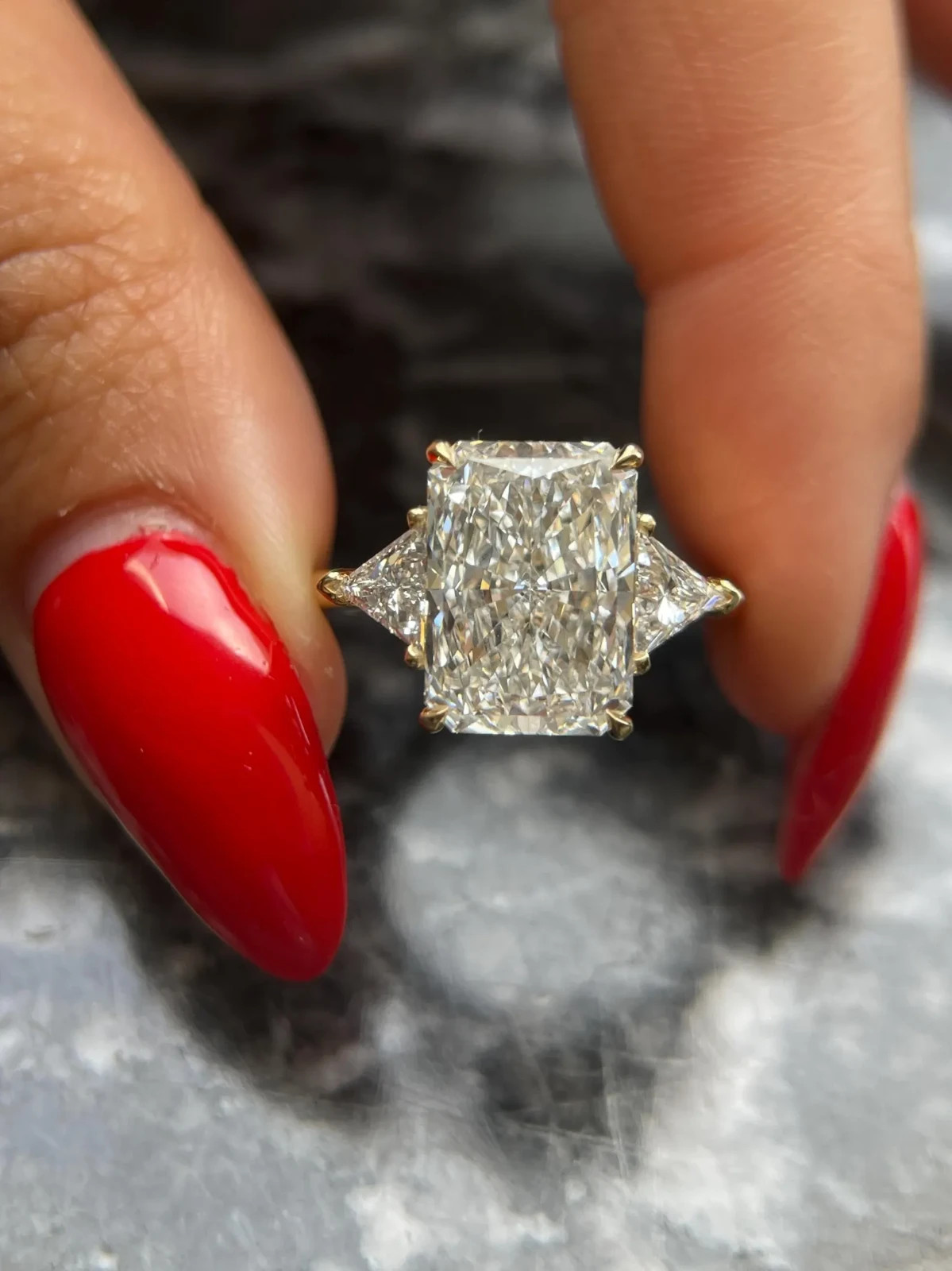 4Ct Radiant-Cut Lab Grown Diamond Three Stone Engagement Ring in 14k Yellow Gold