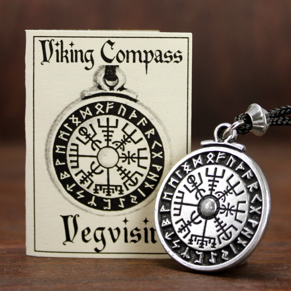 Pewter Viking Necklace Compass Pendant Rune Stave Icelandic Norse Jewelry