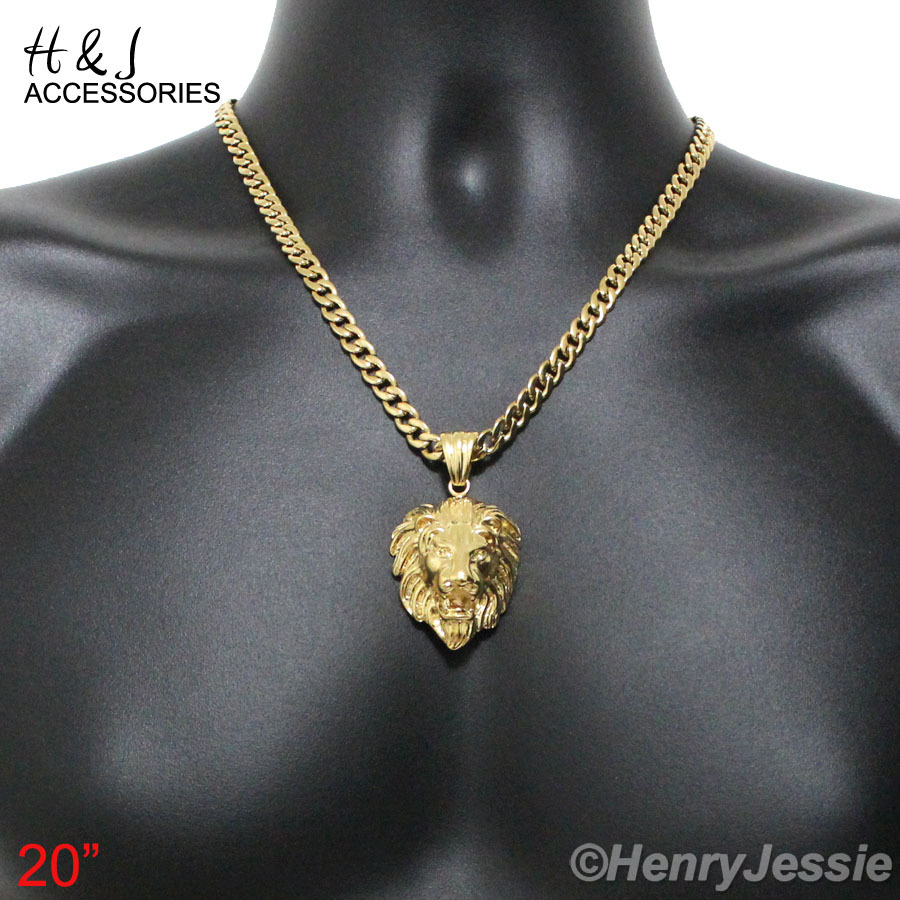 20″MEN Stainless Steel 6mm Gold Plated Cuban Curb Chain LION KING 3D Pendant*G50