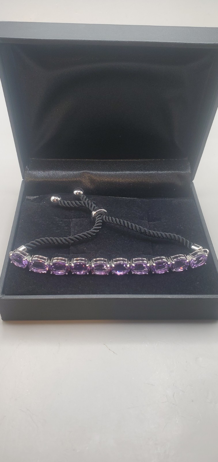 NIB 925 Sterling Amethyst Gemstone TESTED Slide Bracelet W/ Black Cord