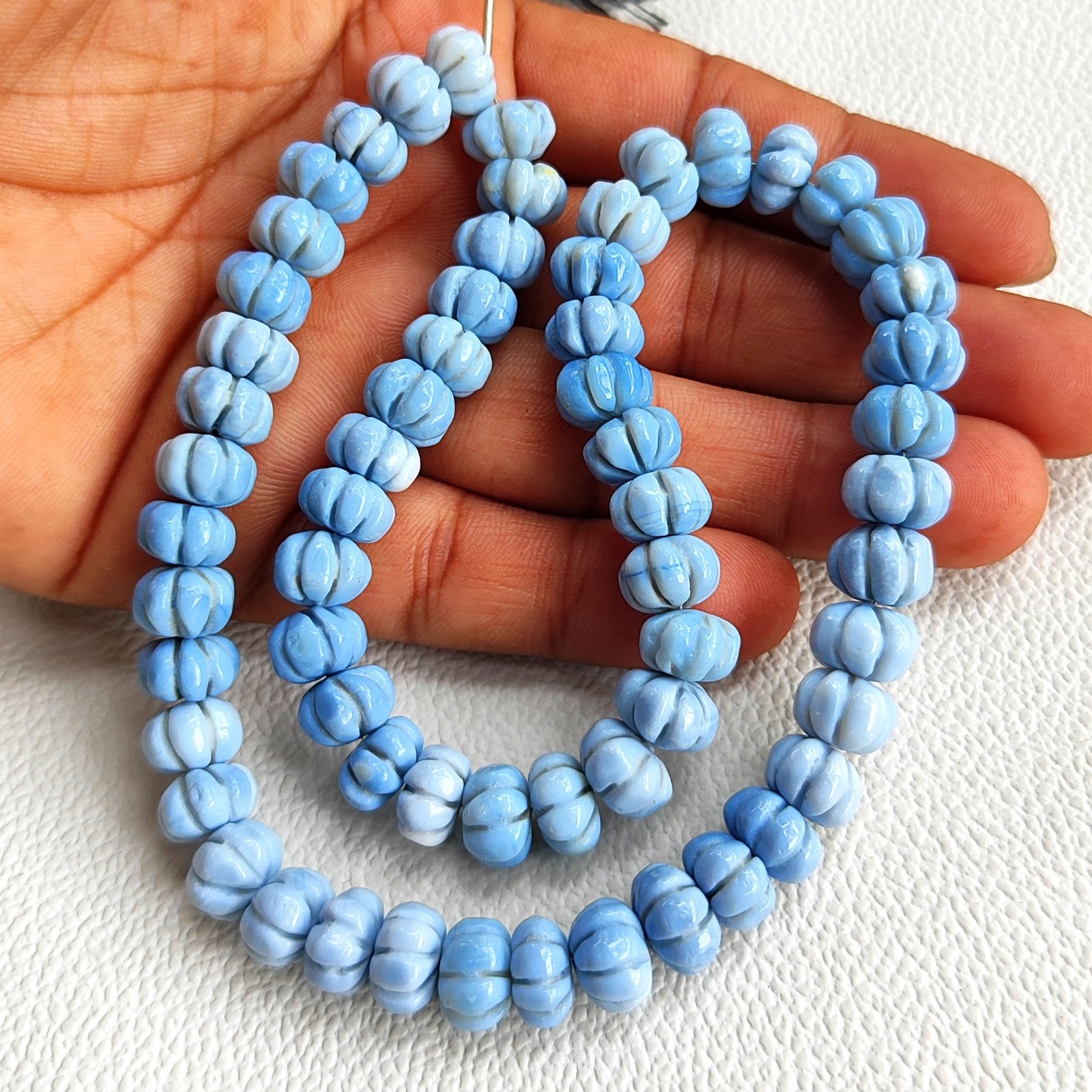 Blue Opal 8-10mm Pumpkin Carved Beads 15″ Strand Peruvian Gemstones for Jewelry