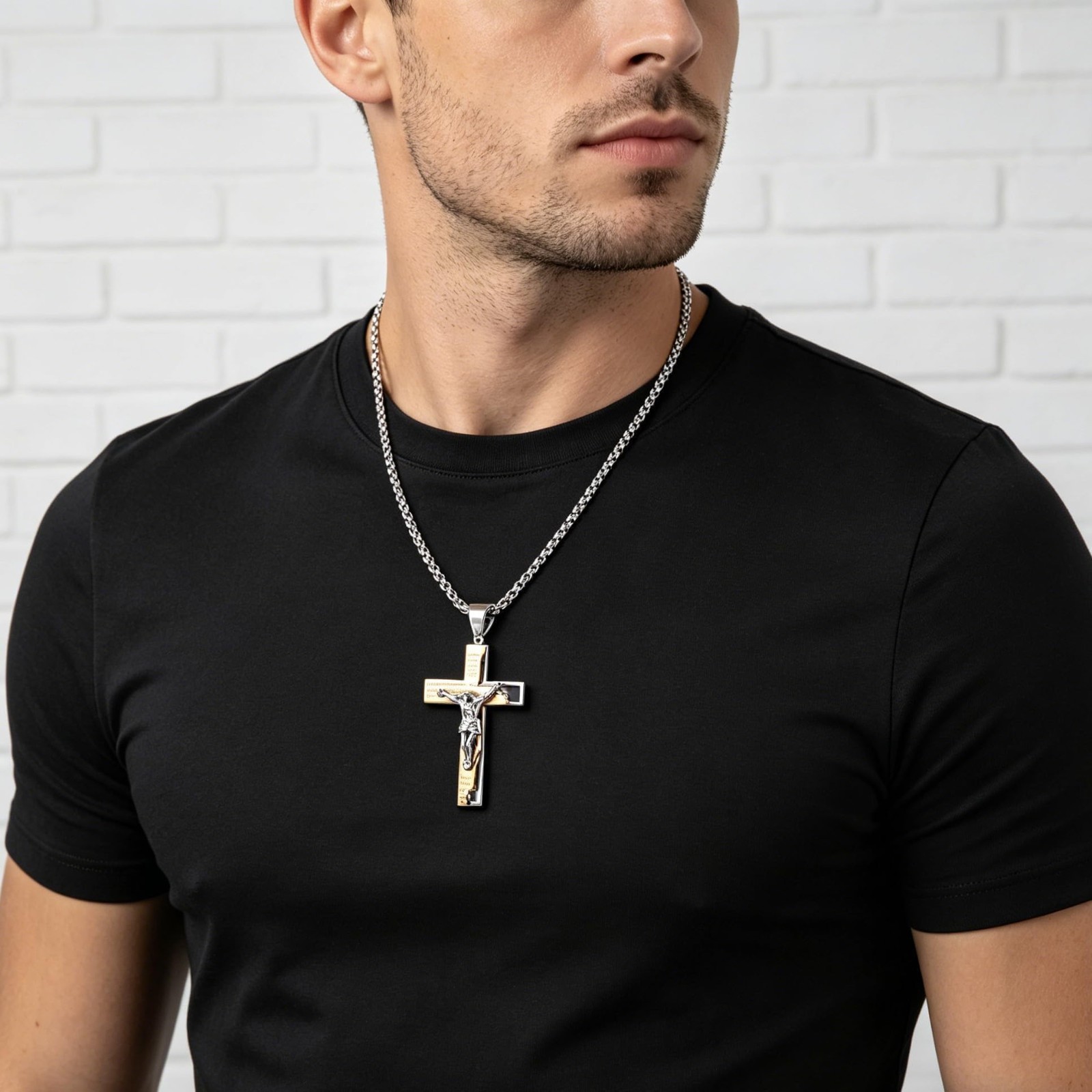 Men’s Stainless Steel Jesus Cross Necklace, Engraved Bible Verse Pendant, 24″ Ch